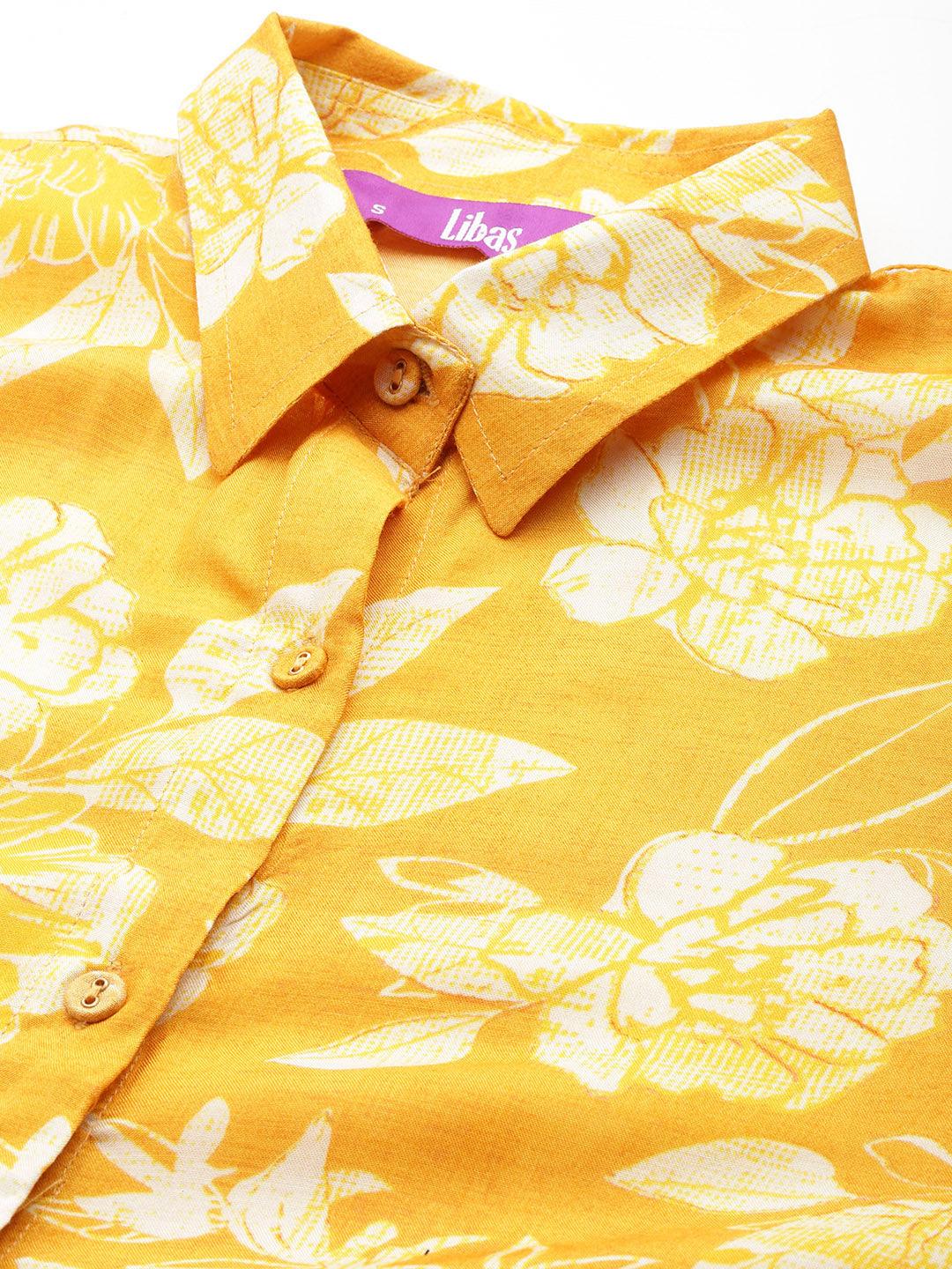 Mustard Printed Cotton Blend Shirt With Palazzos - Libas