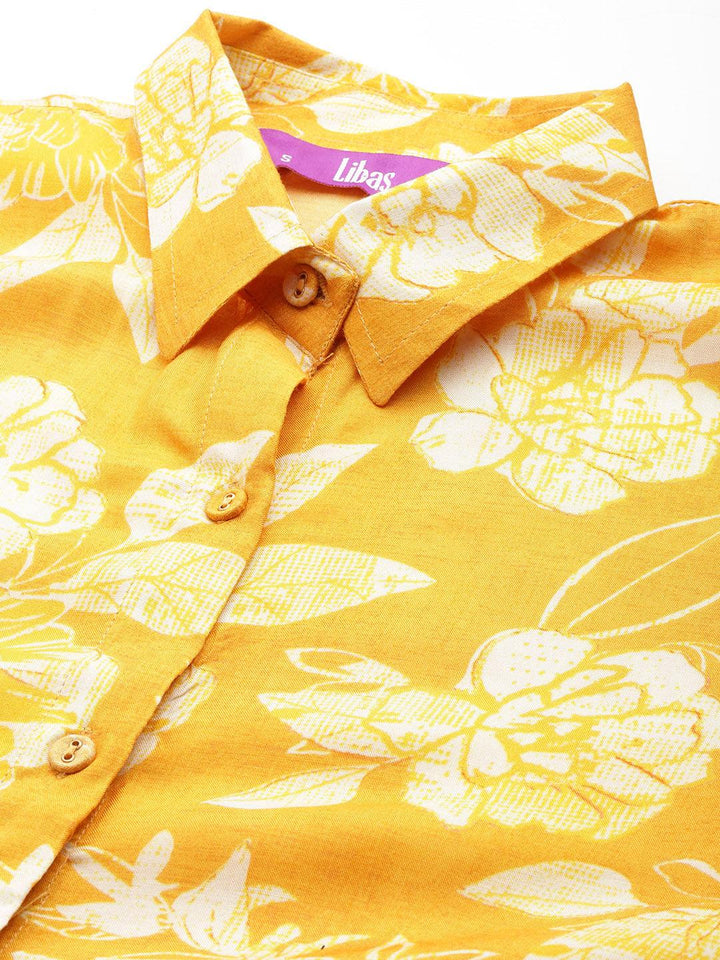 Mustard Printed Cotton Blend Shirt With Palazzos - Libas