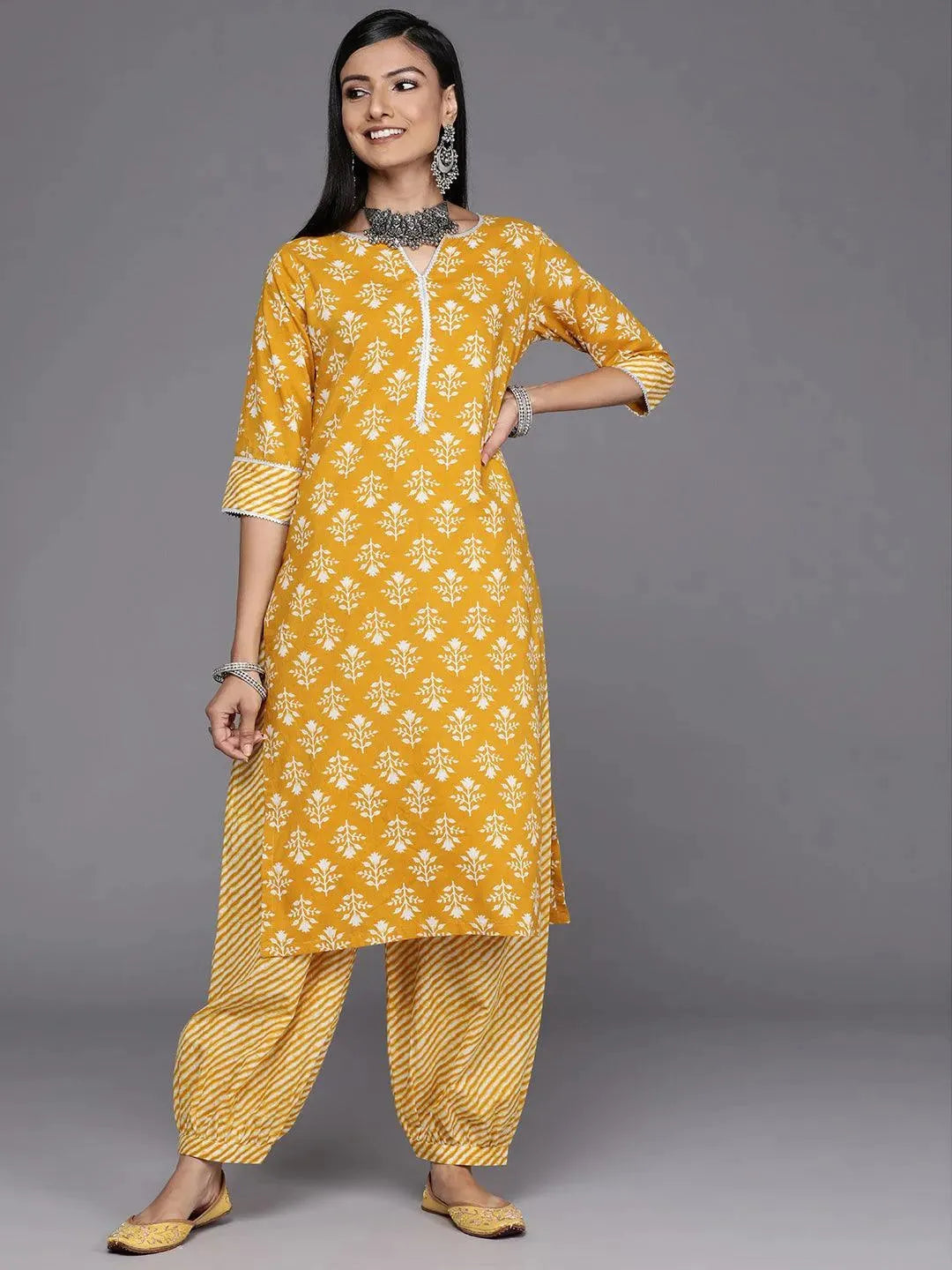 

Mustard Printed Cotton Kurta