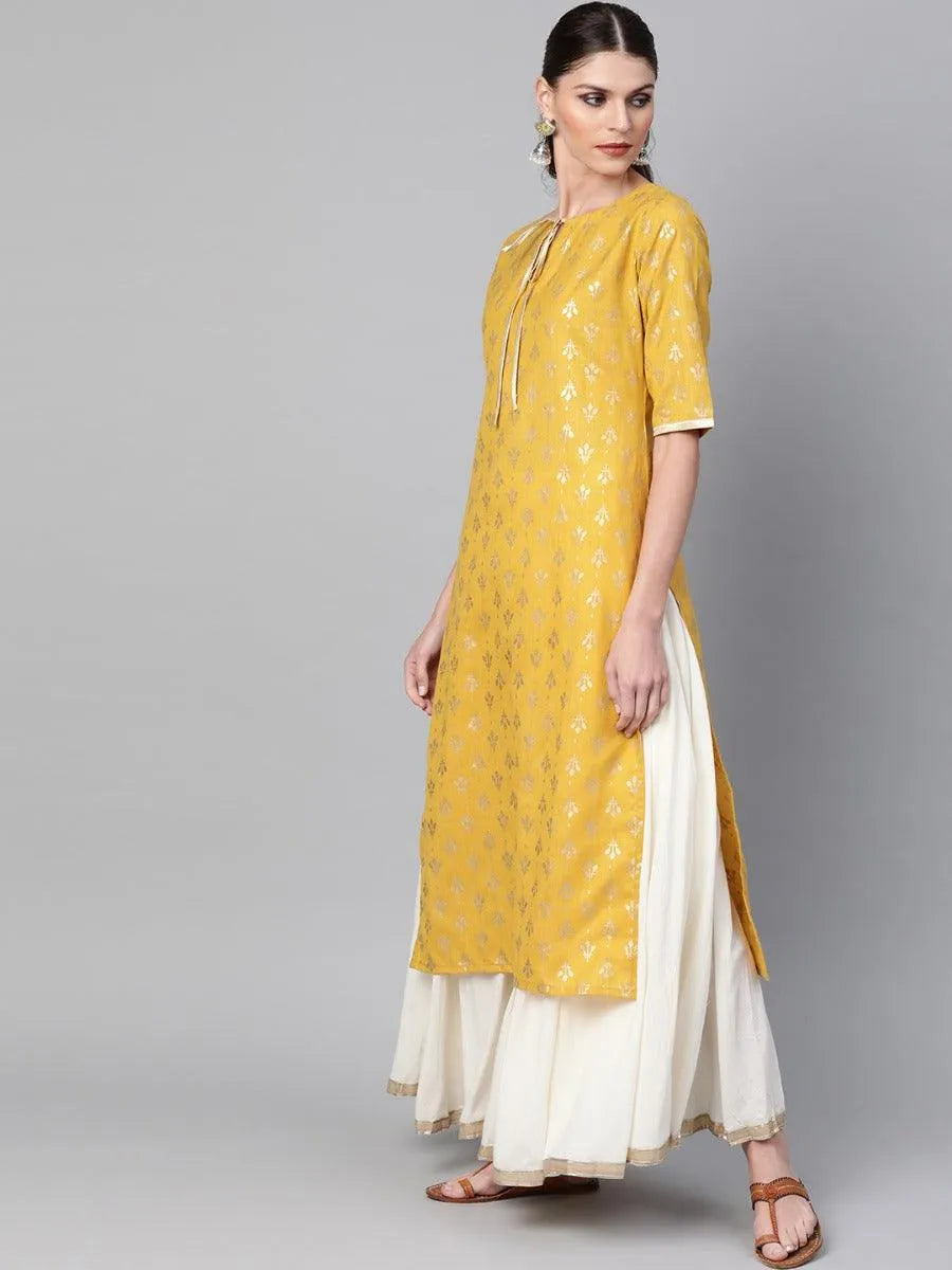 Mustard Printed Cotton Kurta - Libas