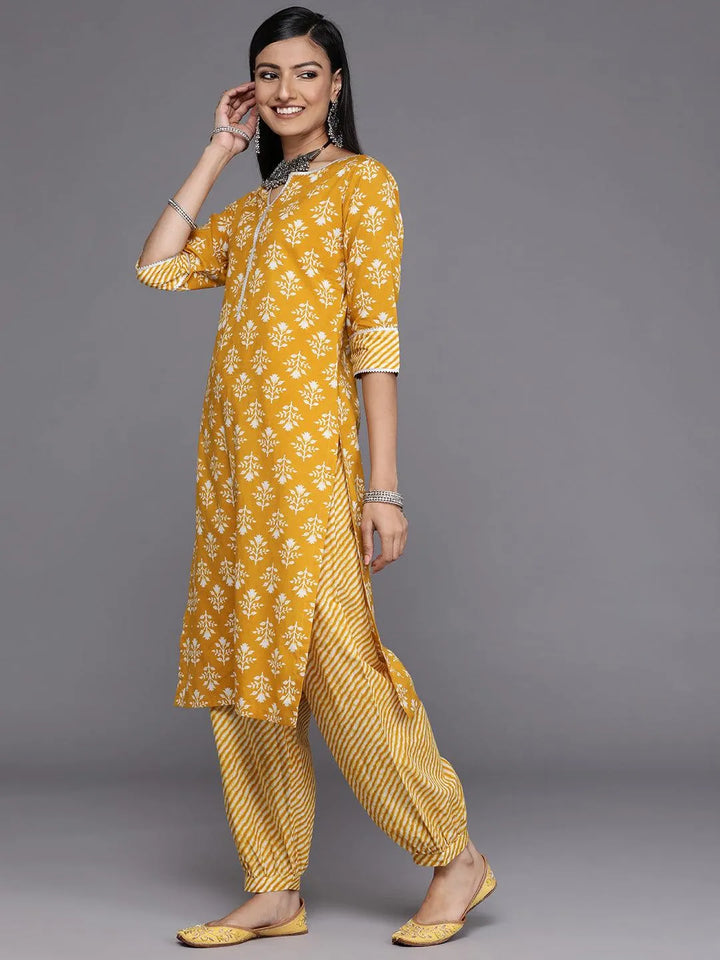 Mustard Printed Cotton Kurta - Libas