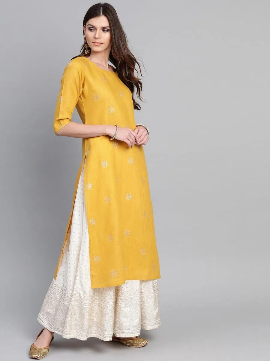 Mustard Printed Cotton Kurta - Libas