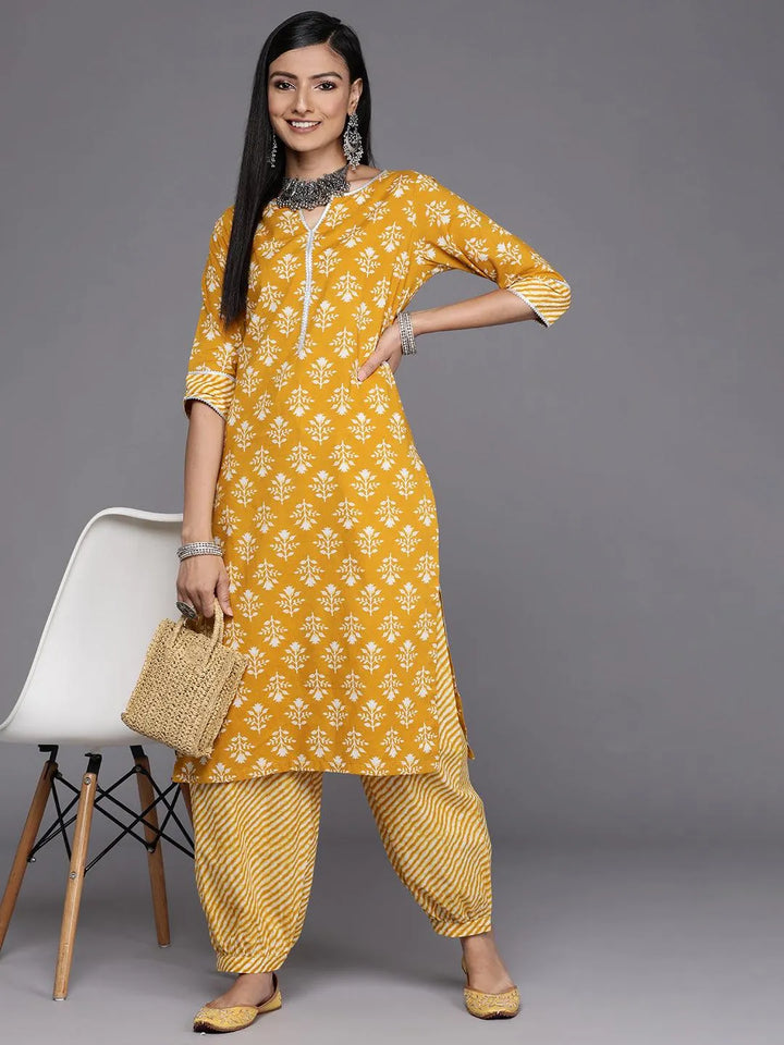 Mustard Printed Cotton Kurta - Libas