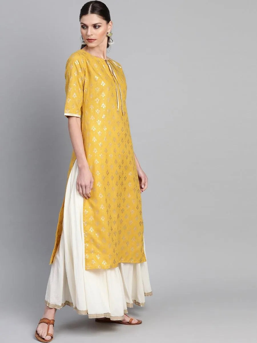 Mustard Printed Cotton Kurta - Libas