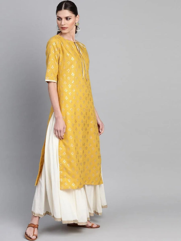 Mustard Printed Cotton Kurta - Libas