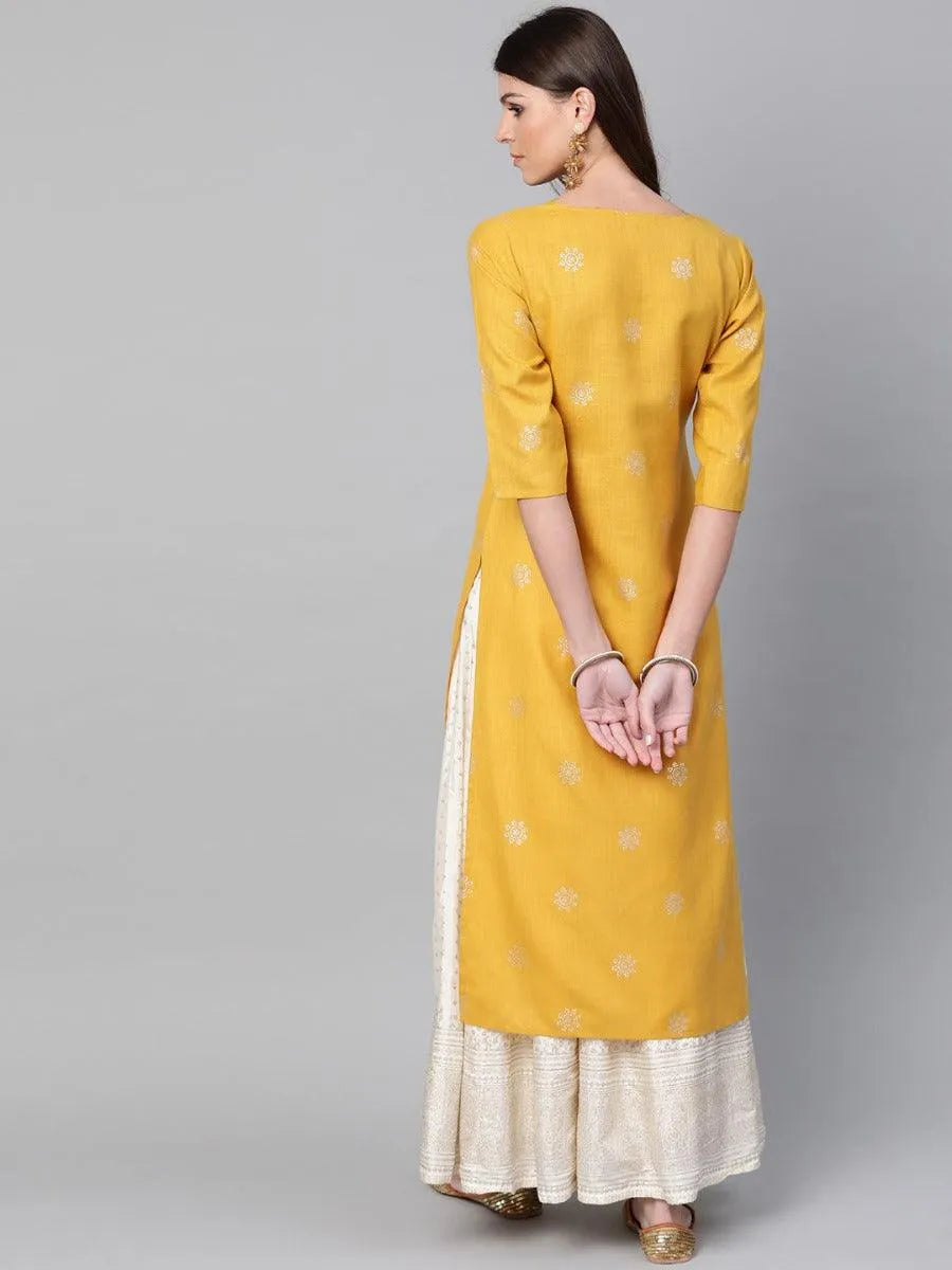 Mustard Printed Cotton Kurta - Libas