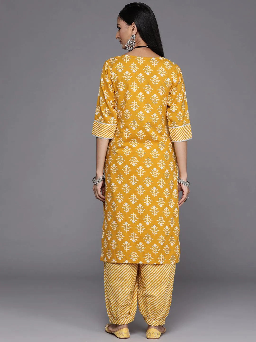 Mustard Printed Cotton Kurta - Libas