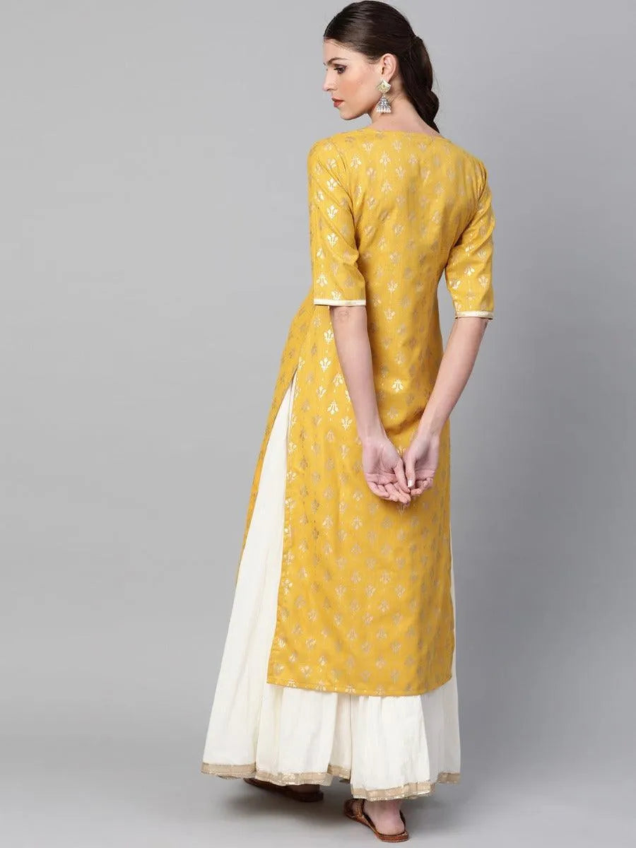 Mustard Printed Cotton Kurta - Libas