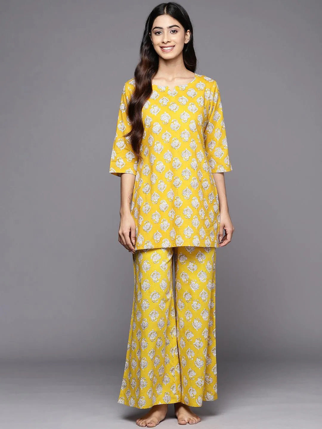 Mustard Printed Cotton Night Suit - Libas 