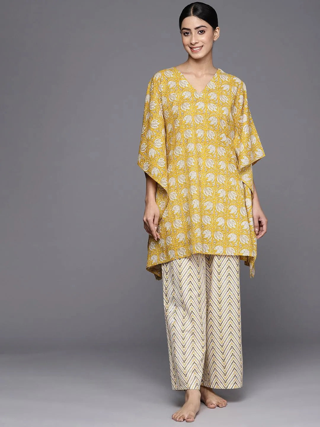 Mustard Printed Cotton Night Suit - Libas