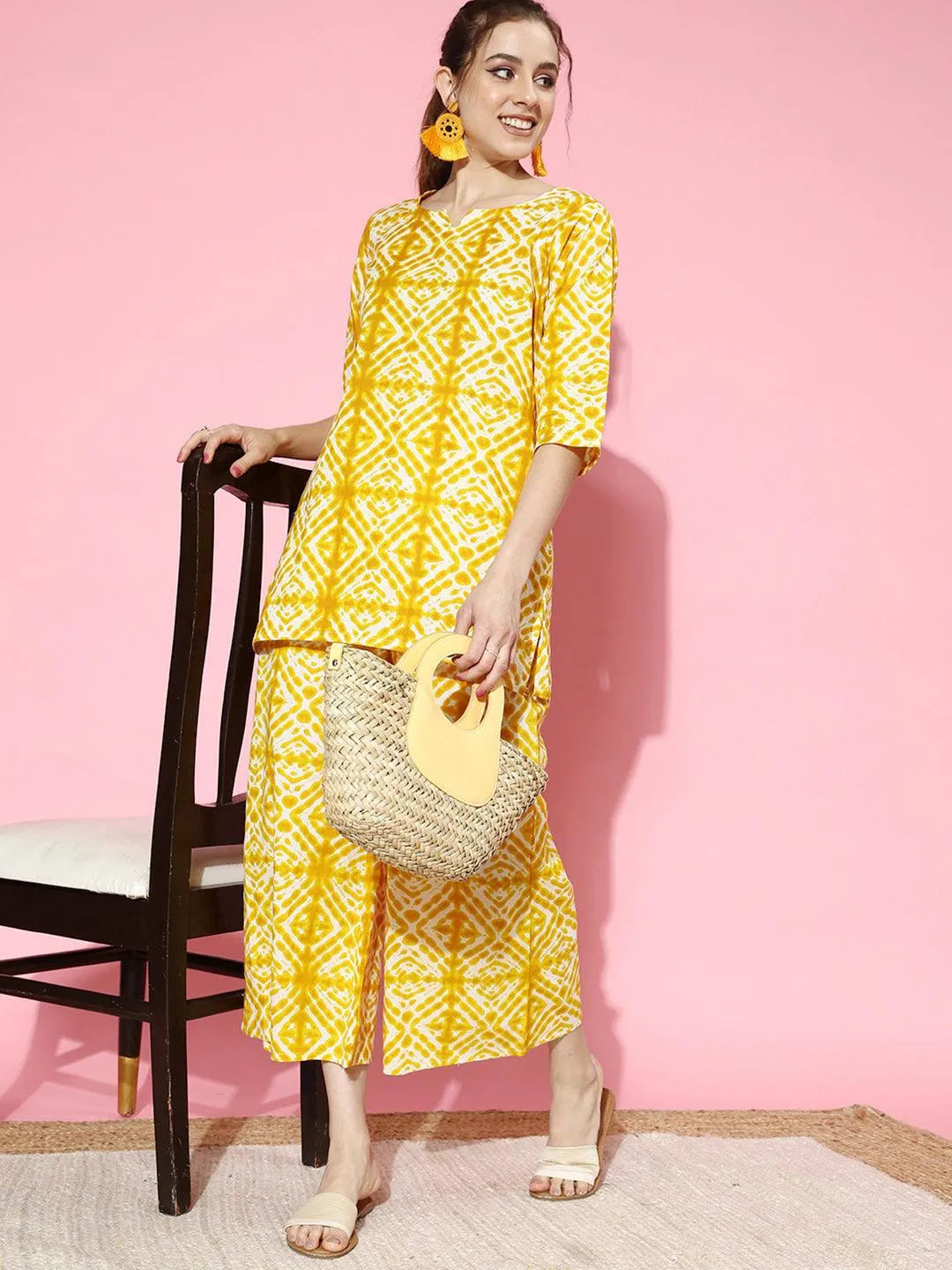 Mustard Printed Cotton Night Suit - Libas 