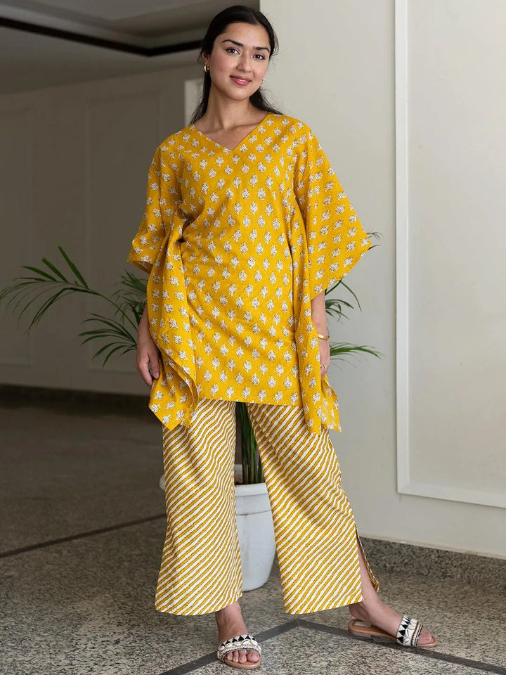 Mustard Printed Cotton Night Suit - Libas