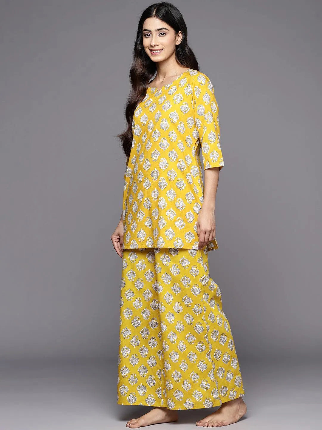 Mustard Printed Cotton Night Suit - Libas 