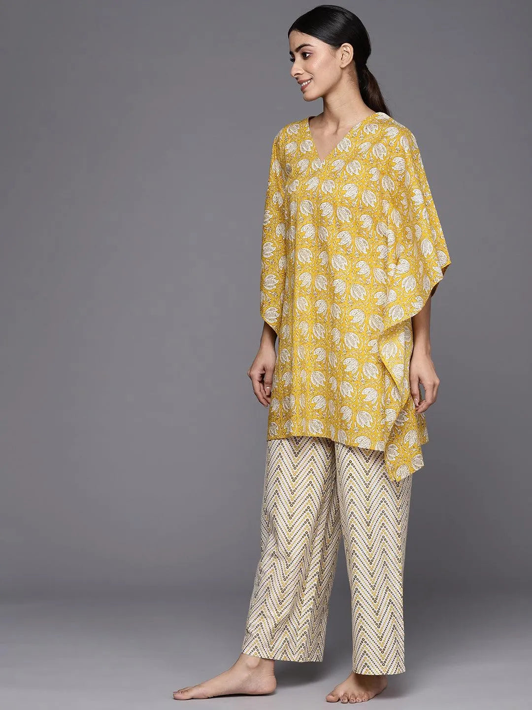 Mustard Printed Cotton Night Suit - Libas