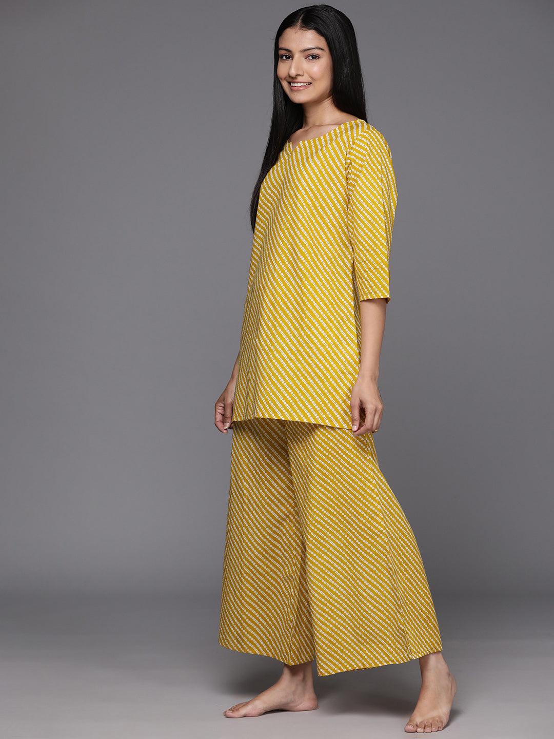 Mustard Printed Cotton Night Suit - Libas 