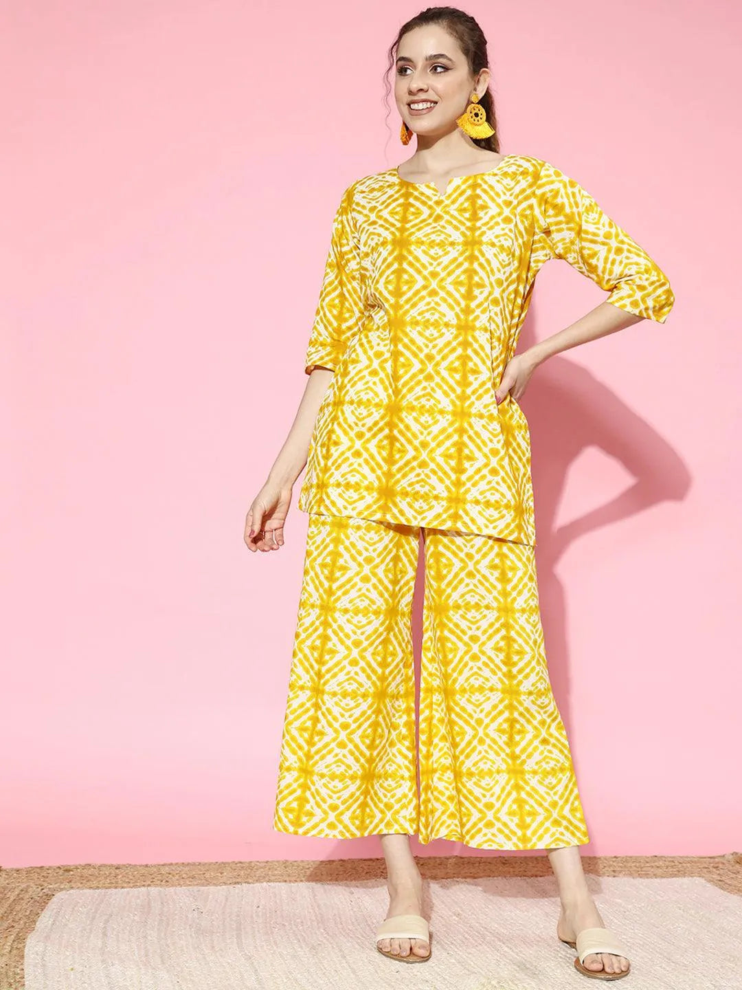 Mustard Printed Cotton Night Suit - Libas 