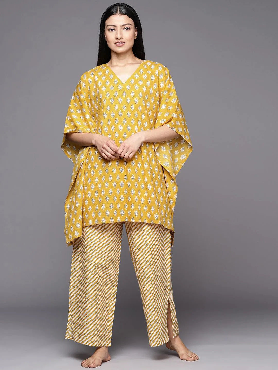 Mustard Printed Cotton Night Suit - Libas 