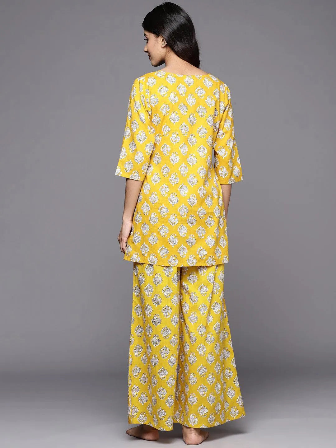 Mustard Printed Cotton Night Suit - Libas 