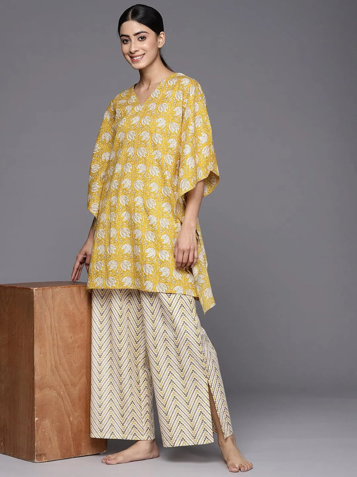 Mustard Printed Cotton Night Suit - Libas