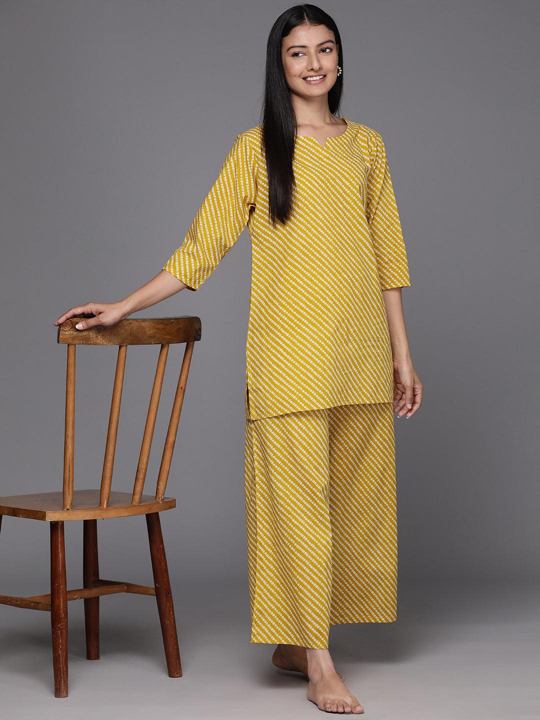 Mustard Printed Cotton Night Suit - Libas