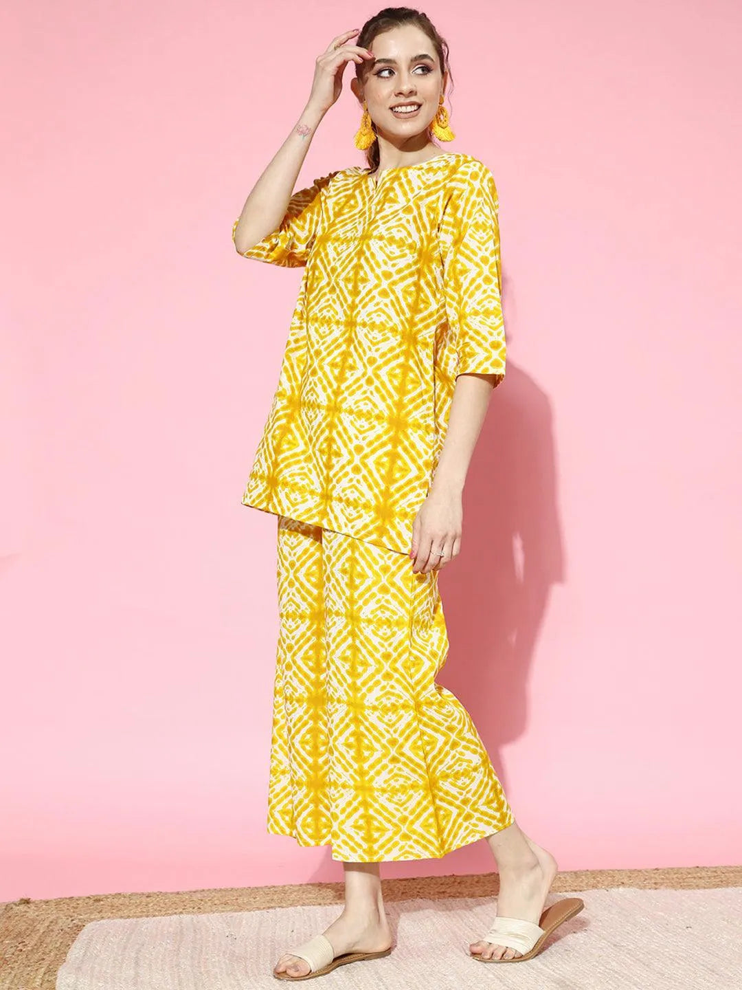 Mustard Printed Cotton Night Suit - Libas 