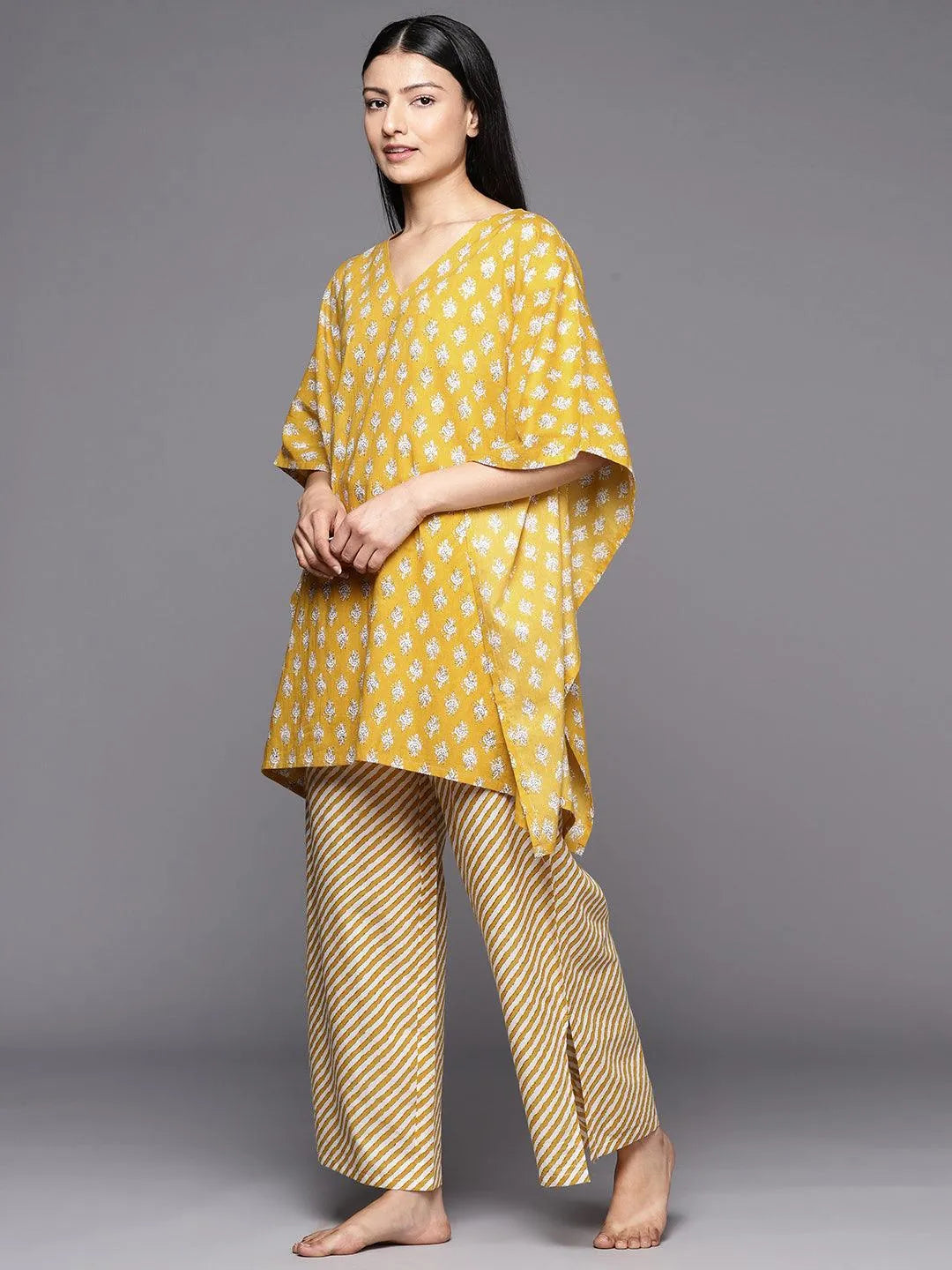 Mustard Printed Cotton Night Suit - Libas 