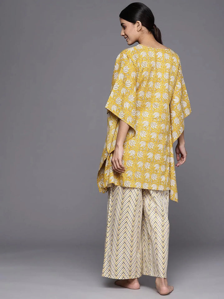 Mustard Printed Cotton Night Suit - Libas