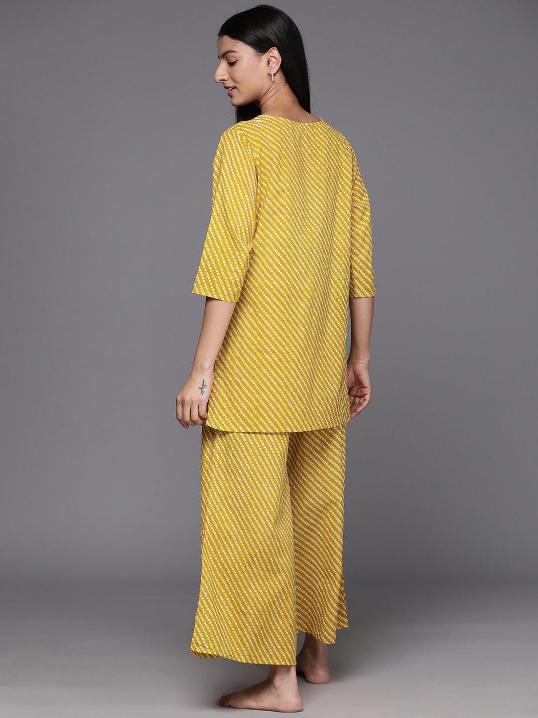 Mustard Printed Cotton Night Suit - Libas