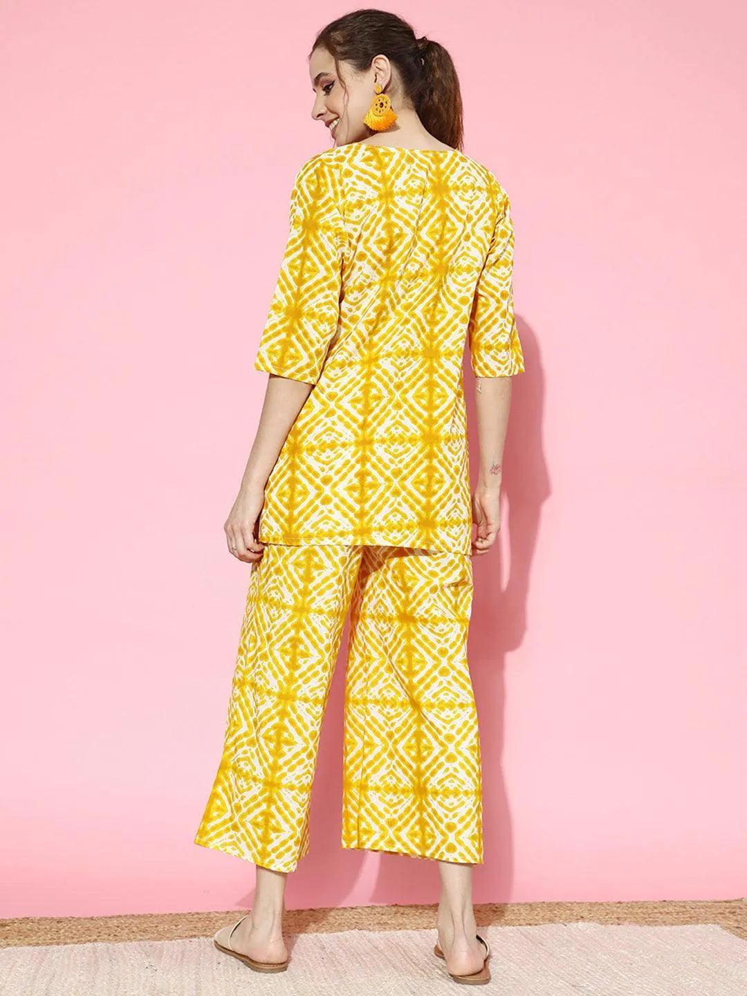 Mustard Printed Cotton Night Suit - Libas