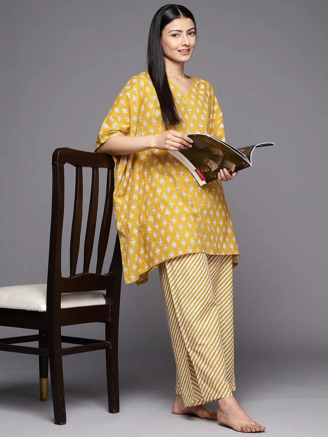 Mustard Printed Cotton Night Suit - Libas