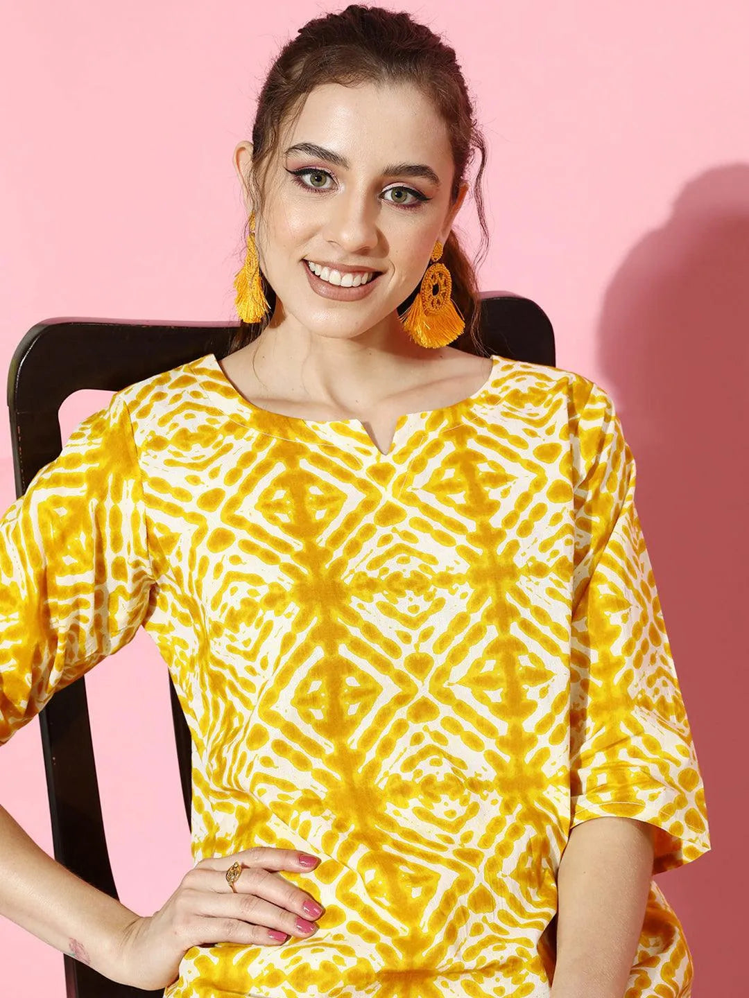 Mustard Printed Cotton Night Suit - Libas 