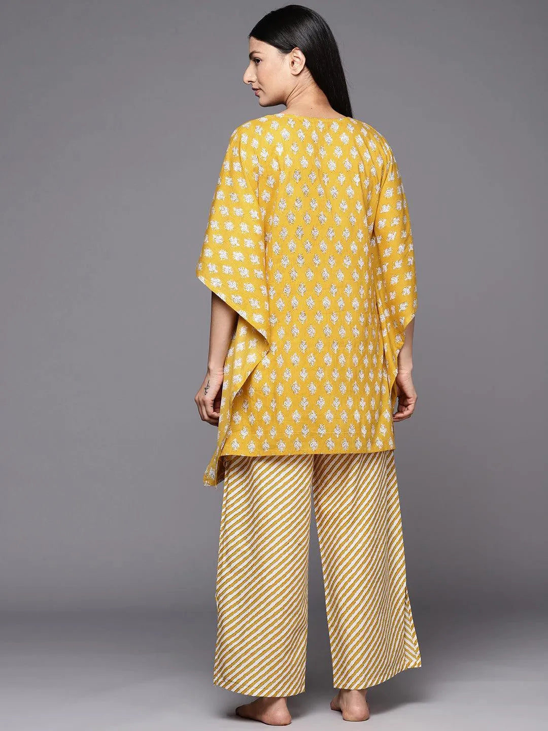 Mustard Printed Cotton Night Suit - Libas 