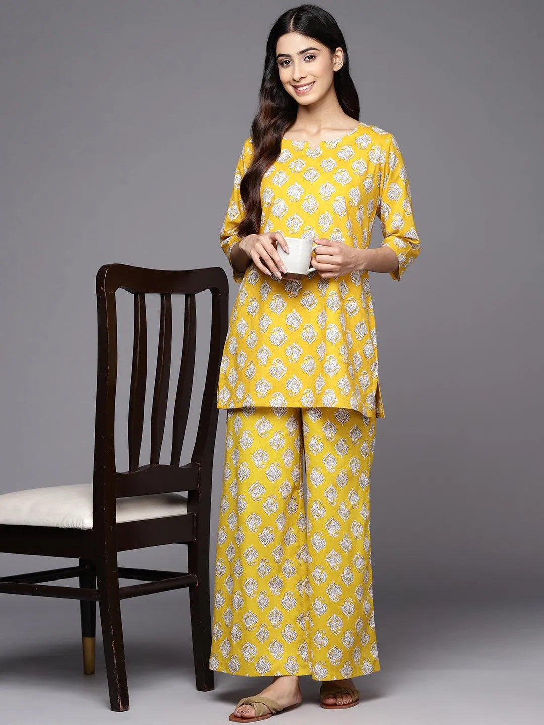 Mustard Printed Cotton Night Suit - Libas 