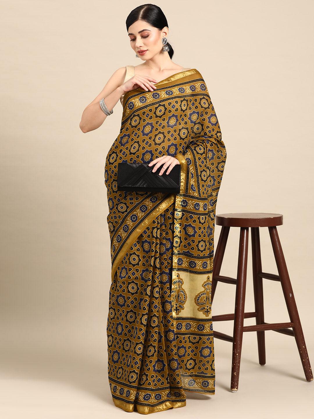 Mustard Printed Cotton Saree - Libas 