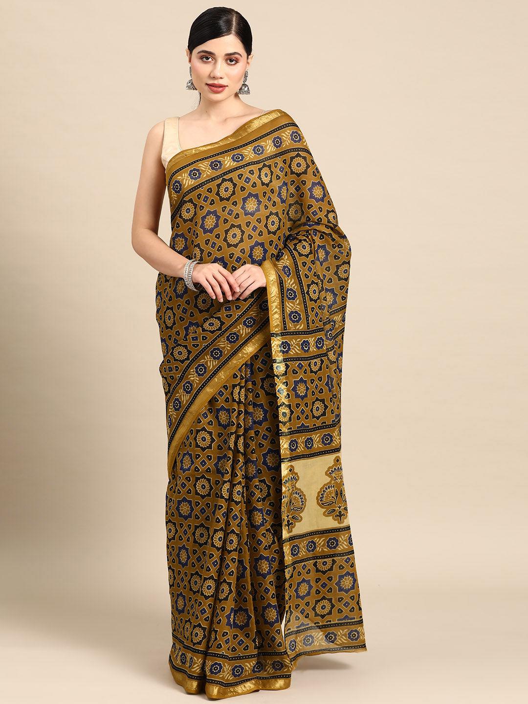 Mustard Printed Cotton Saree - Libas 