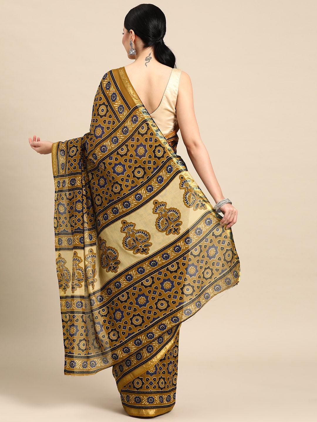 Mustard Printed Cotton Saree - Libas 