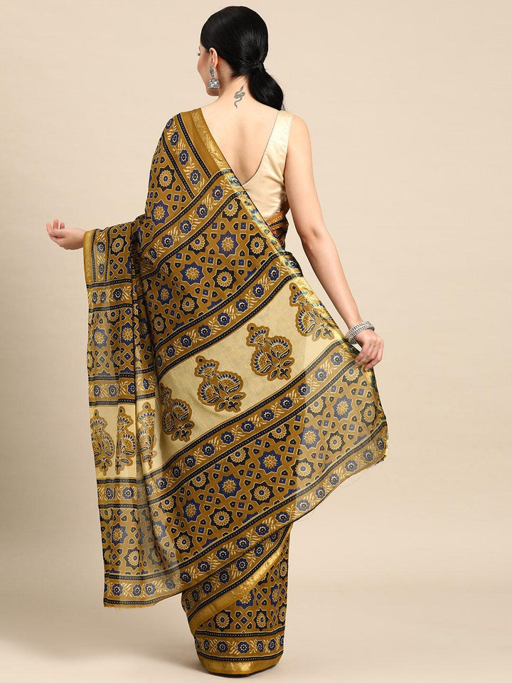 Mustard Printed Cotton Saree - Libas