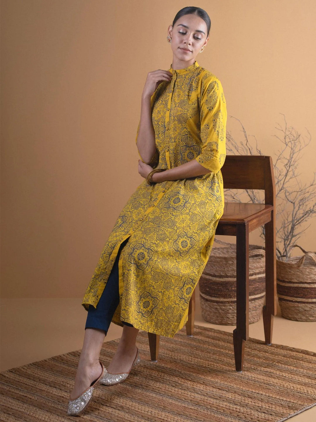 Mustard Printed Cotton Straight Kurta - Libas