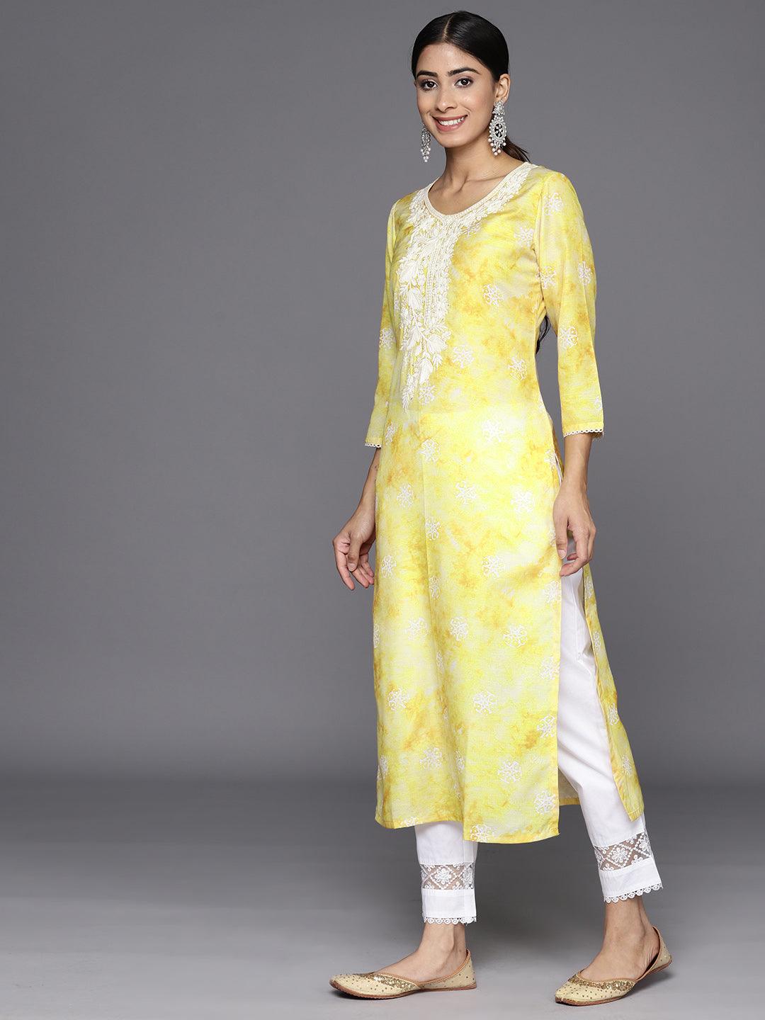 Mustard Printed Cotton Straight Kurta - Libas