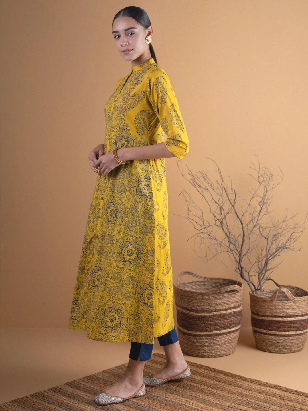 Mustard Printed Cotton Straight Kurta - Libas