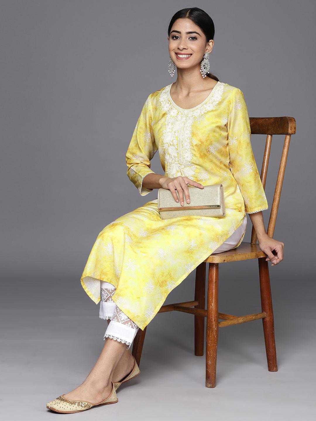 Mustard Printed Cotton Straight Kurta - Libas