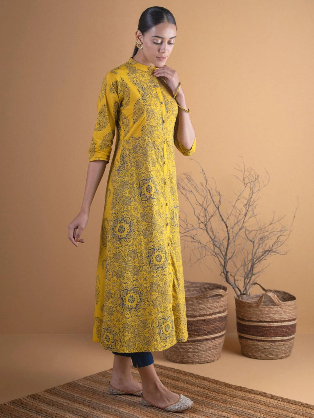 Mustard Printed Cotton Straight Kurta - Libas