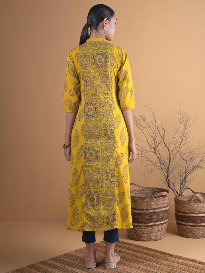 Mustard Printed Cotton Straight Kurta - Libas