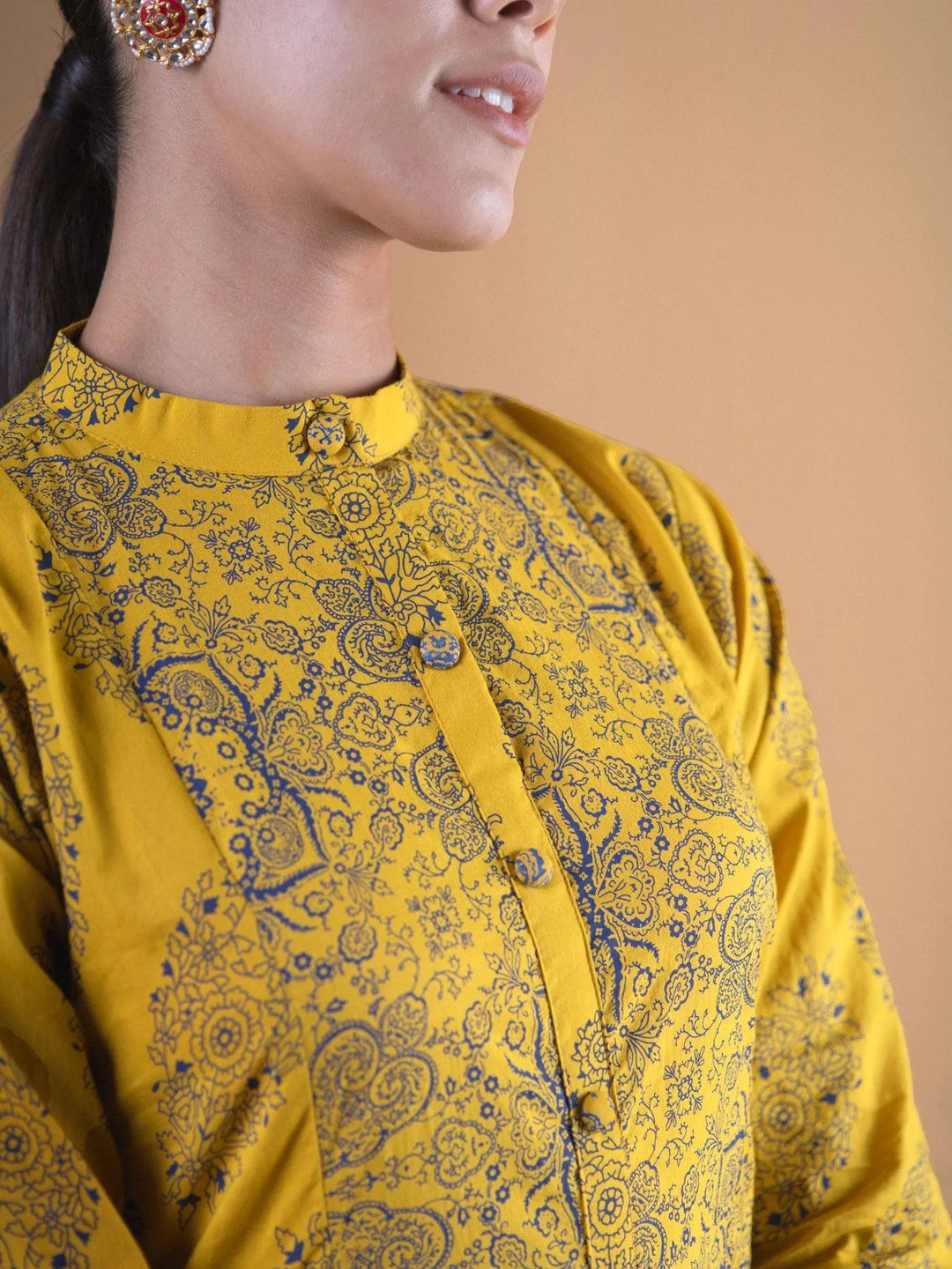 Mustard Printed Cotton Straight Kurta - Libas