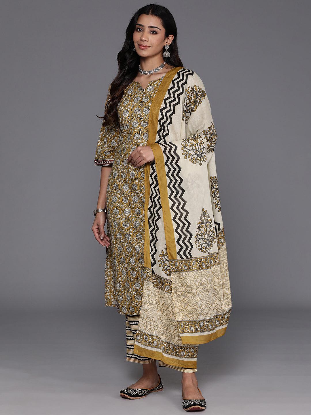 Mustard Printed Cotton Straight Kurta With Palazzos & Dupatta - Libas