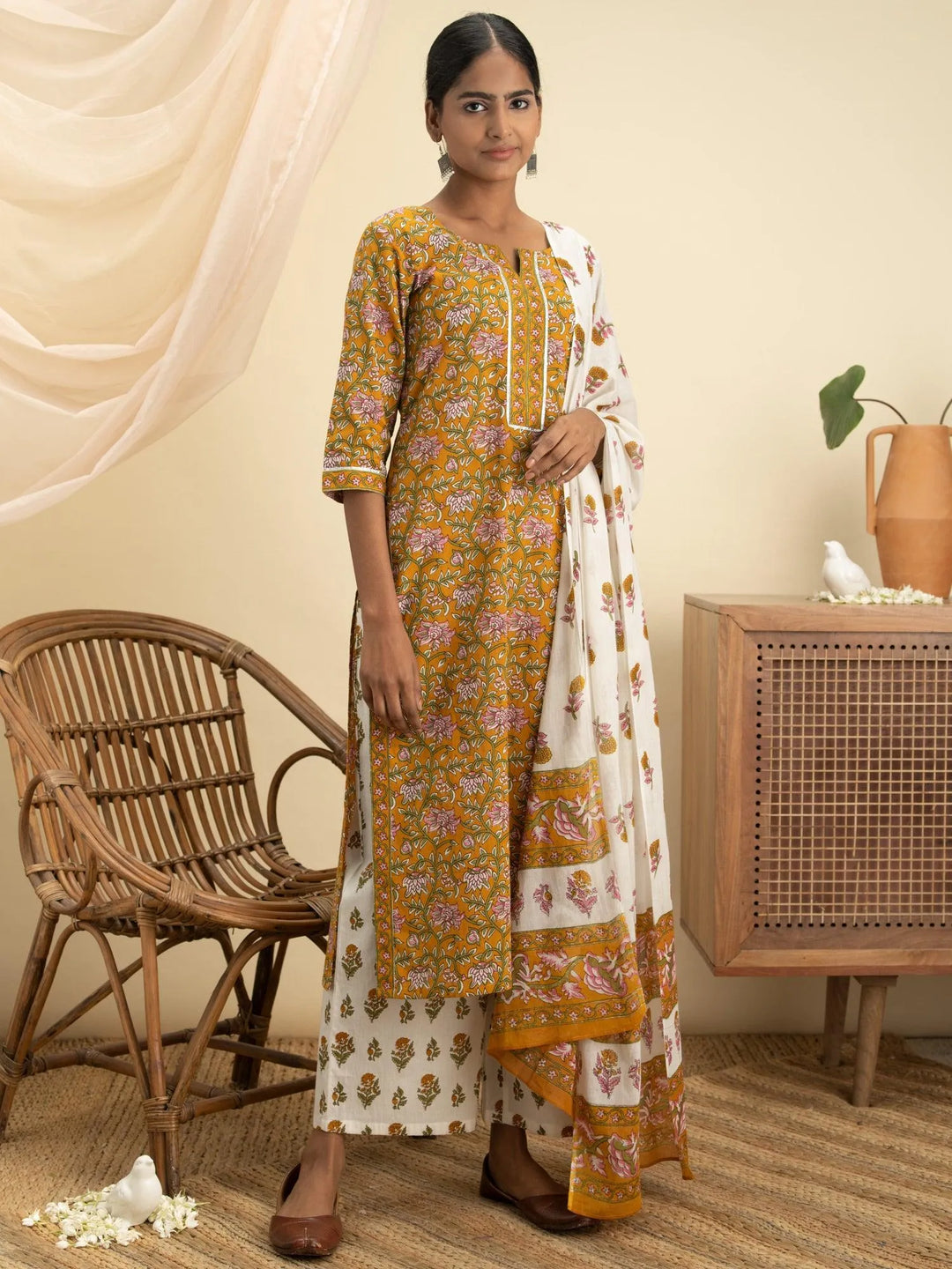 Mustard Printed Cotton Suit Set - Libas