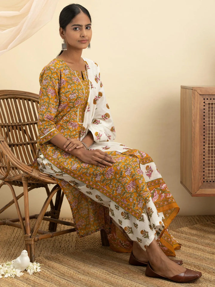 Mustard Printed Cotton Suit Set - Libas