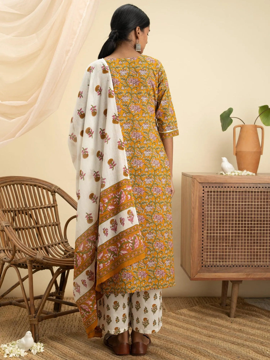 Mustard Printed Cotton Suit Set - Libas