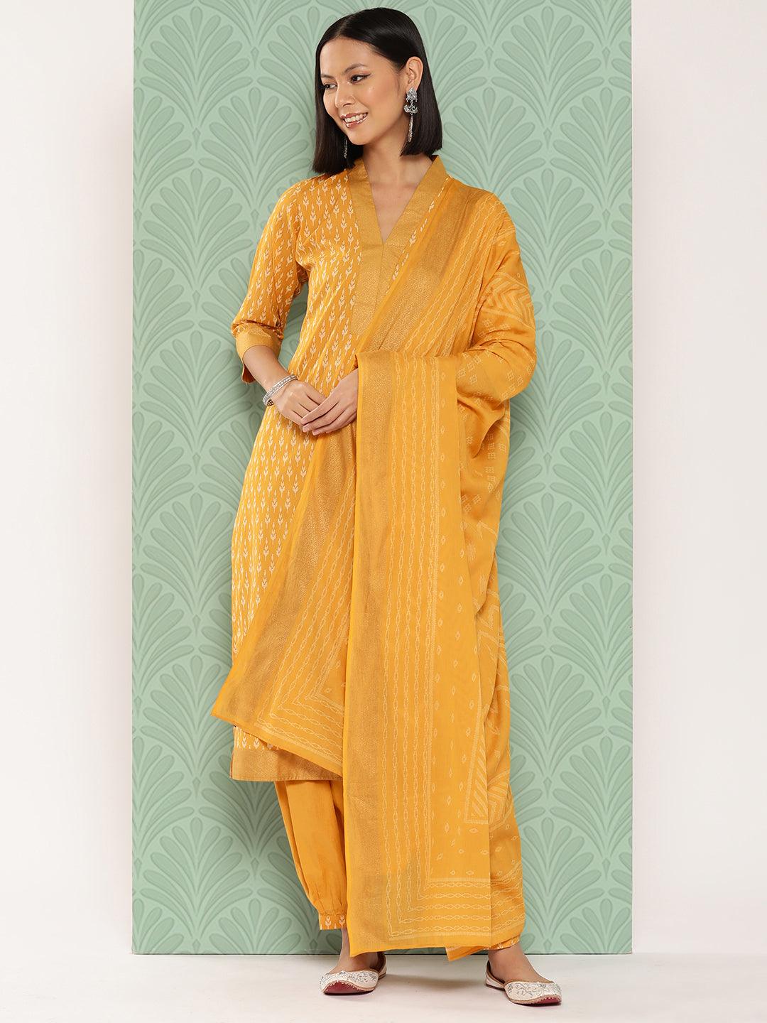 Mustard Printed Cotton Straight Kurta With Salwar & Dupatta - Libas