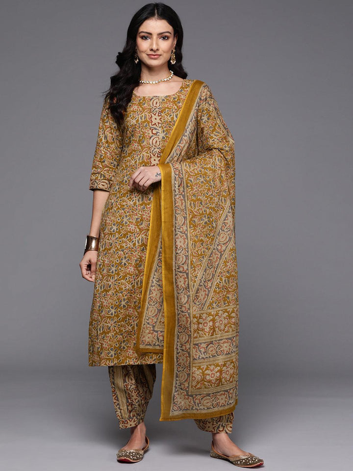 Mustard Printed Cotton Straight Kurta With Salwar & Dupatta - Libas